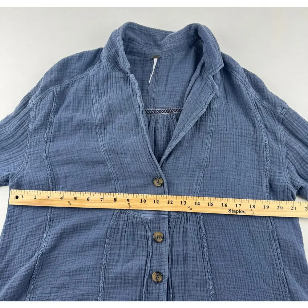 Free People Blue Cotton Gauze Button Front Tunic Top Size Small - Picture 7 of 10